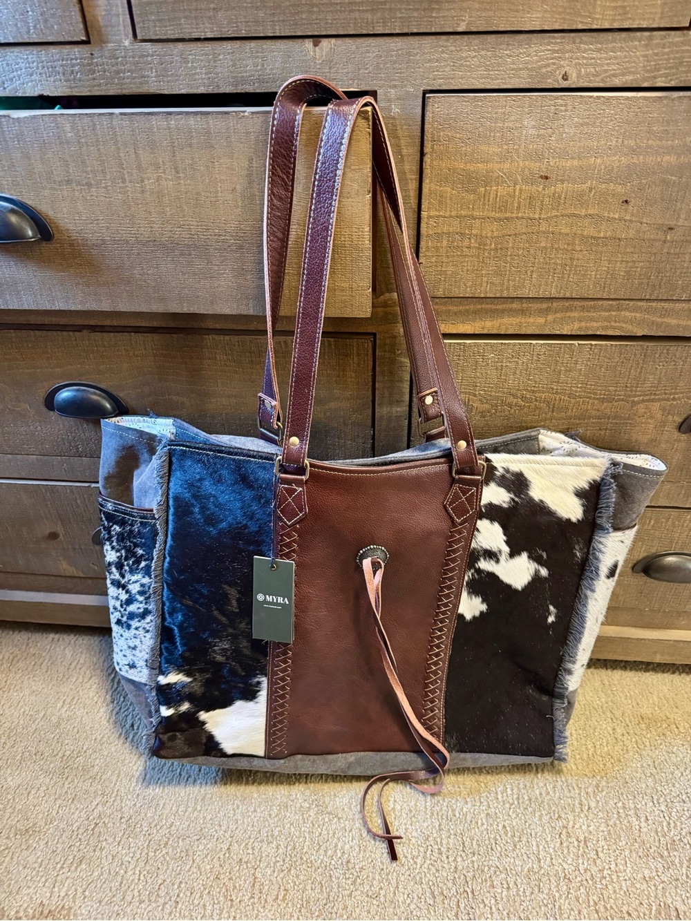 Myra Weekender Bag Brown Leather & Black-and-White Cowhide